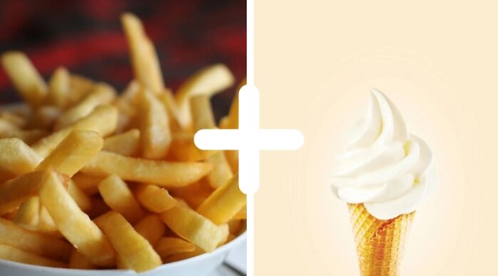 Bowl of fries plus soft serve cone, a weird food combo for adventurous taste buds.