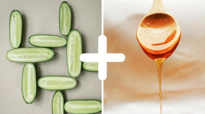 Weird food combos: sliced cucumbers and honey on a wooden spoon.