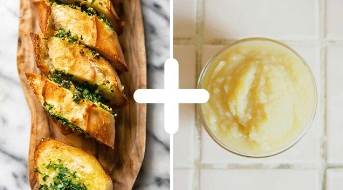 Weird food combo: garlic bread and applesauce pairing.