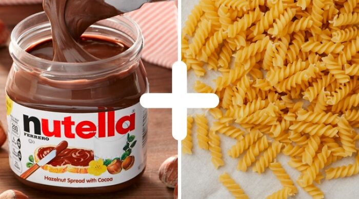 Nutella paired with uncooked pasta, showcasing a weird food combo to judge.