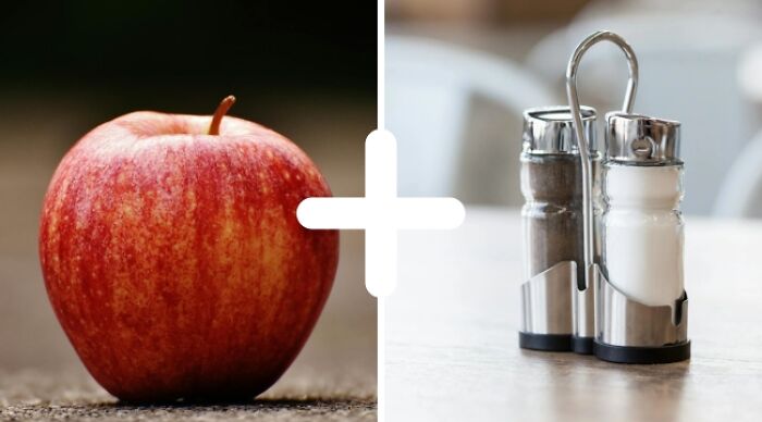 Apple next to salt and pepper shakers, illustrating a weird food combo idea.