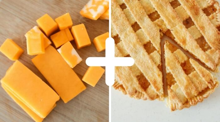 Cheese and apple pie as a weird food combo with cheese cubes and pie slices side by side.