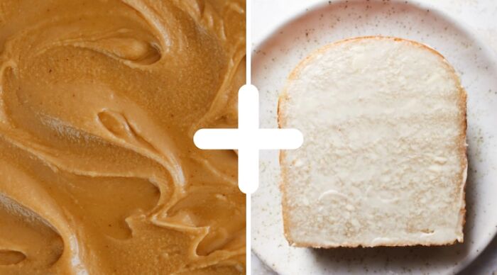 Weird food combo of peanut butter and mayonnaise on bread with a plus sign.