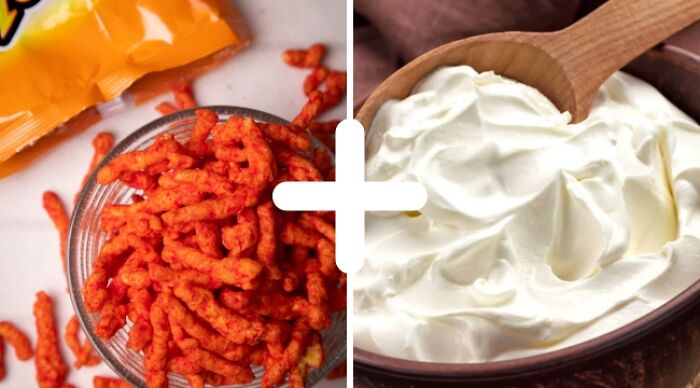 Weird food combo of spicy cheese snacks and creamy yogurt in a split image with a plus sign in between.