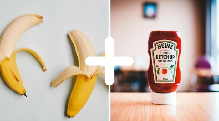 Weird food combo: banana plus ketchup bottle on table.