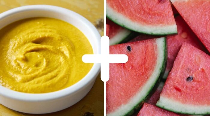 Weird food combo: mustard and watermelon slices side by side on a table.
