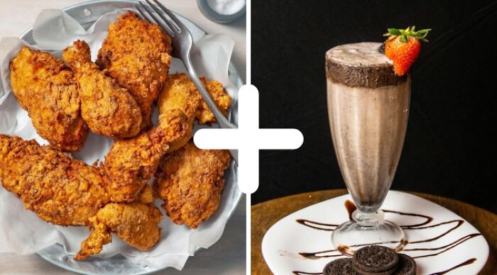 Weird food combo: crispy fried chicken paired with a chocolate milkshake topped with strawberry and cookies.