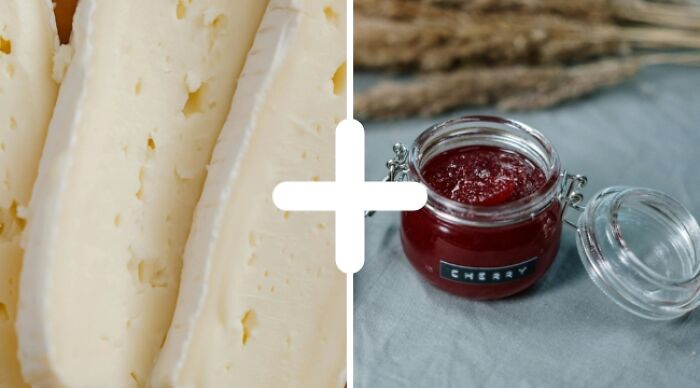Weird food combo: slices of soft cheese paired with a jar of cherry jam, showcasing unusual taste ideas.