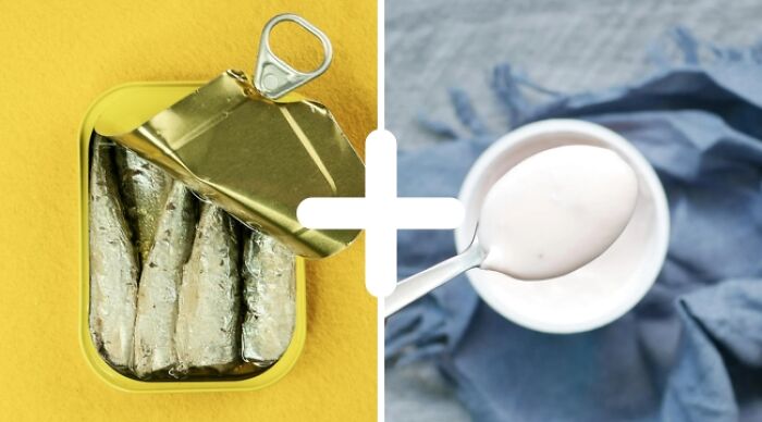 Weird food combos: tinned sardines and yogurt juxtaposed, symbolizing unique taste experiments.