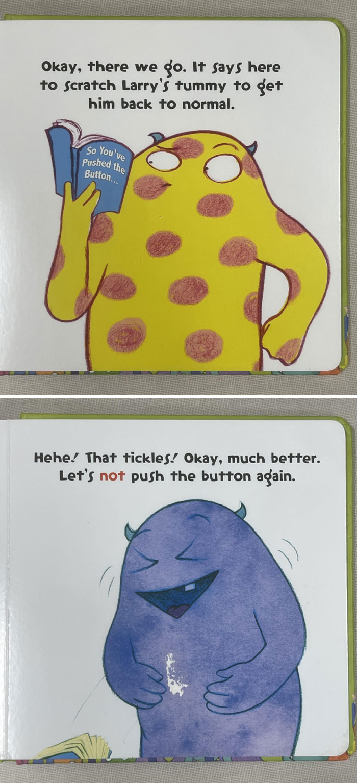 Children's book page shows a yellow monster and a blue monster laughing, depicting a story about scratches and buttons.