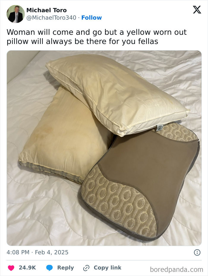 Worn-out yellow pillow alongside a newer beige pillow, showcasing how belongings get worn-down by time.