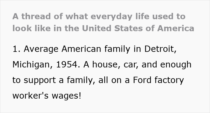 Text highlighting everyday American life in 1954, featuring a family in Detroit living on a Ford worker's wages.