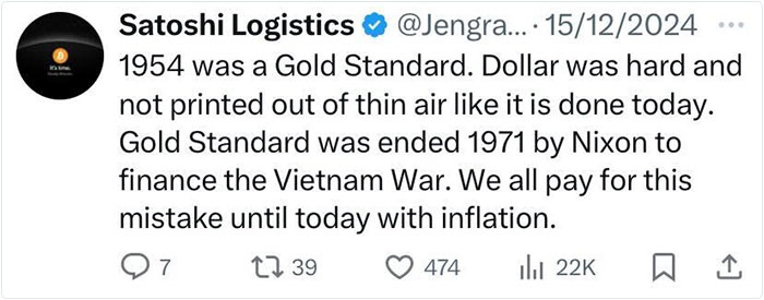 Tweet discussing the end of the Gold Standard in the past, highlighting its impact on American life and inflation today.