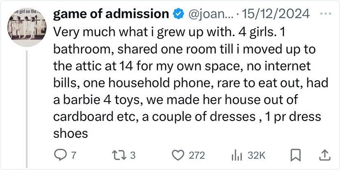 Tweet reflecting everyday American life in the past, describing a family with four girls sharing one room and limited resources.