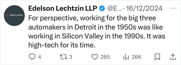 Tweet from Edelson Lechtzin LLP comparing 1950s Detroit automakers to 1990s Silicon Valley, highlighting past American life.