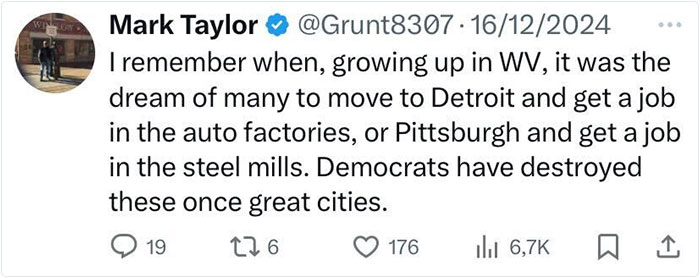 Tweet reflecting on American life, mentioning Detroit auto factories and Pittsburgh steel mills from the past.