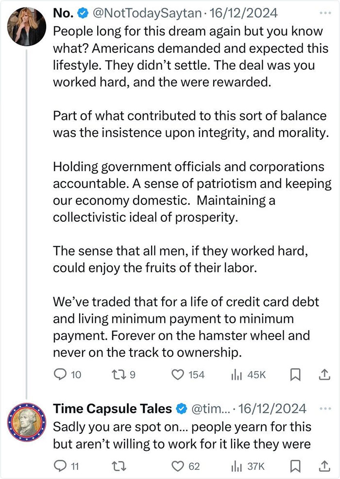 Tweet exchange reflecting on past everyday American life values and changes over time.