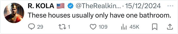 Tweet by R. KOLA discussing historical American houses having one bathroom.