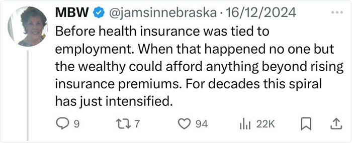 Tweet discussing American life before job-linked health insurance, highlighting affordability issues and rising premiums.