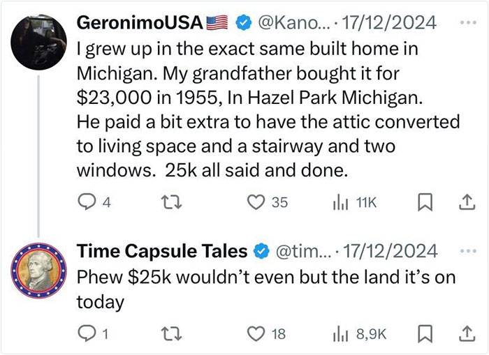 Tweets reminiscing about past American life and property costs in 1955 Michigan.