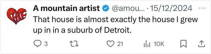 Tweet by a verified user reminiscing about a childhood house in a Detroit suburb, reflecting everyday American life.