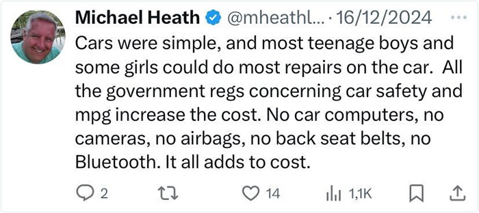 Tweet by Michael Heath reflecting on simpler American life and car maintenance in the past.