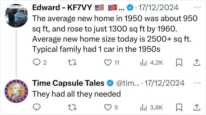 Tweet comparing average home sizes from 1950 to today, illustrating everyday American life changes in the past.