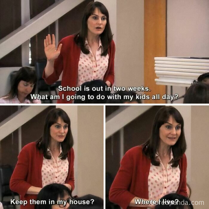 Woman humorously questioning what to do with kids during school break, highlighting the rewarding job of being a dad.