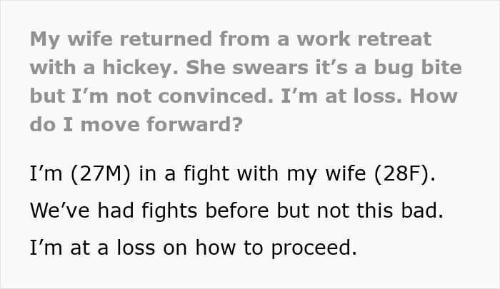 Text about a husband noticing a hickey on his wife after a work retreat, uncertain if it's a bug bite.