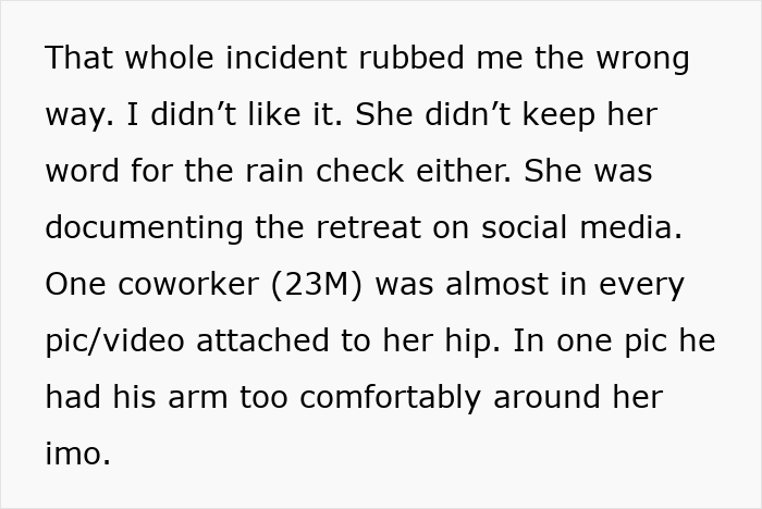 Text discussing husband's suspicion about coworker interactions at wife&rsquo;s work retreat.