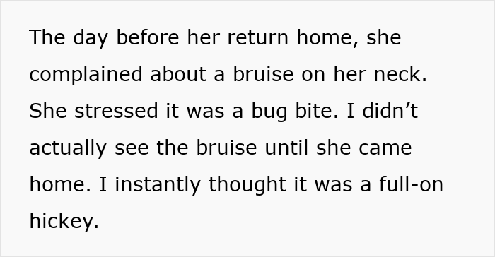 Text excerpt about a husband suspecting a hickey on his wife's neck despite her claim of a bug bite.