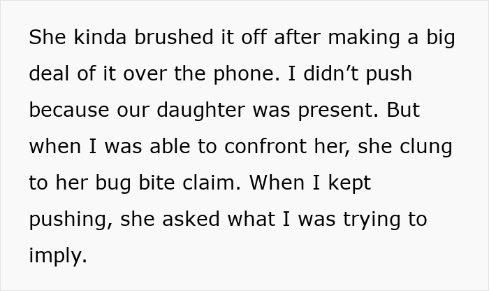 Text conversation discussing a wife's bug bite claim after a work retreat hickey suspicion.