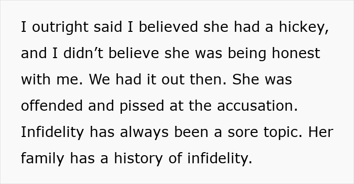 Text describing suspicion after husband spots hickey on wife post-work retreat, leading to conflict over honesty.