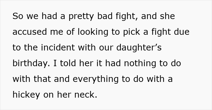 Text discussing a husband's fight with his wife over a hickey on her neck.