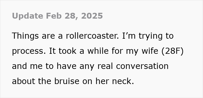 Text update about a husband's concern regarding a bruise on his wife's neck after her work retreat.