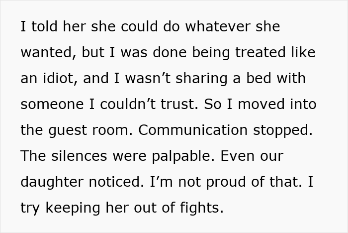 Text on a white background about trust issues and moving into the guest room after a work retreat incident.