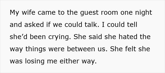 Text about a wife feeling distressed, talking to her husband in a guest room about their relationship issues.