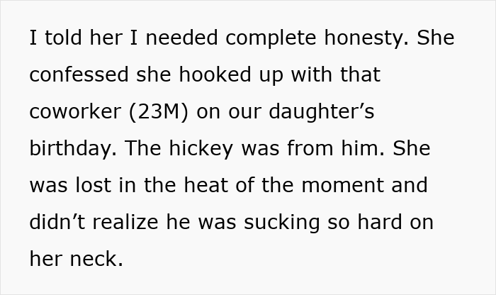 Text reveals a wife&rsquo;s confession about a hickey after a work retreat.