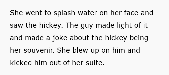Text about a wife discovering a hickey, leading to a confrontation about it in her suite.
