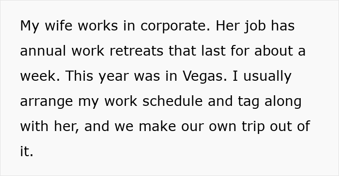 Text about husband discussing wife's corporate work retreat in Vegas.