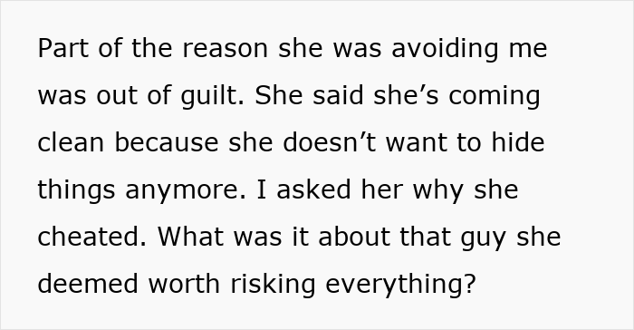 Text about guilt and infidelity reveals wife's confession and emotional turmoil in relationship.