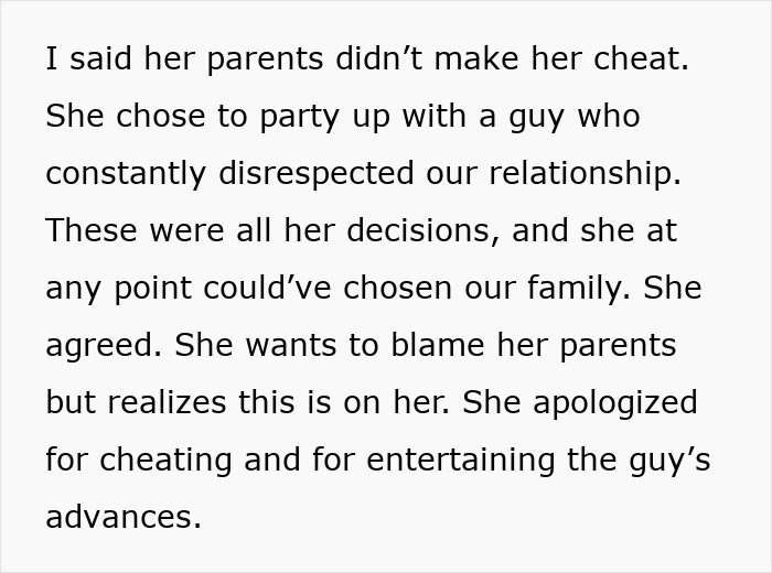 Text depicting a husband's confrontation about infidelity and a wife's admission of cheating.