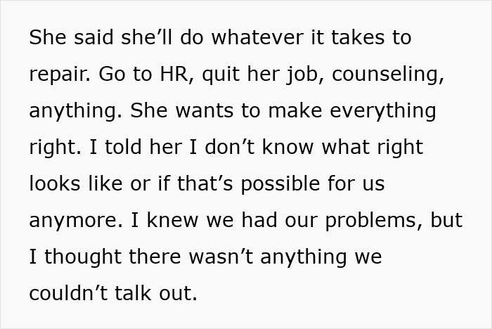 Text about a wife wanting to repair things after a work retreat incident involving a supposed bug bite.