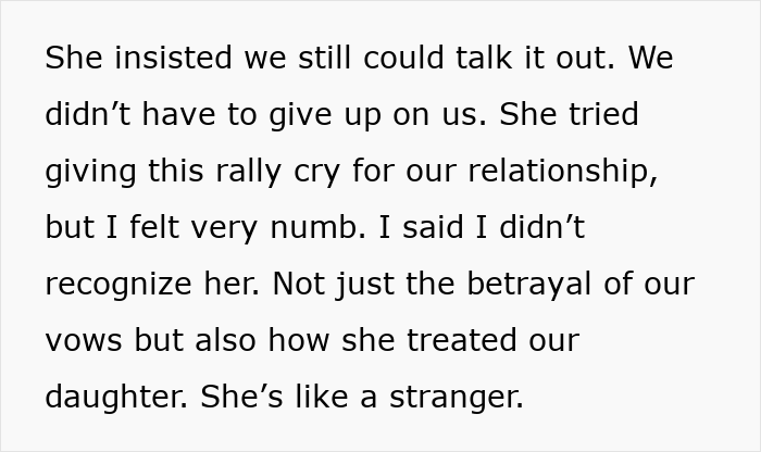 Text detailing husband's feelings of betrayal, as wife insists on discussing relationship after work retreat.