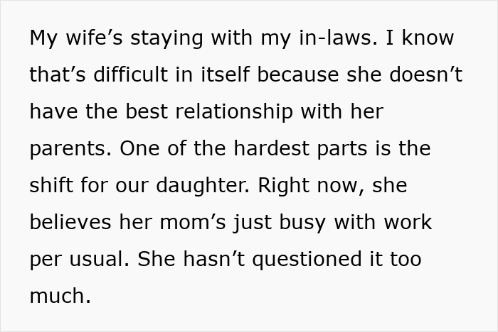 Text discussing wife staying with in-laws, impacting daughter's routine; tied to husband's hickey suspicion story.