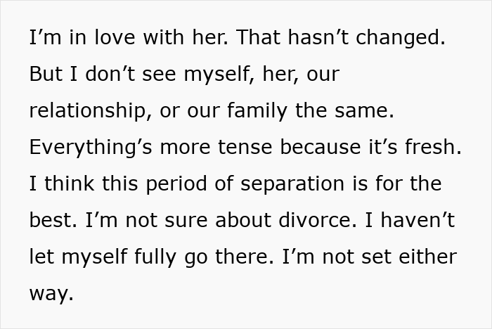 Text discussing relationship tension and uncertainty about divorce.