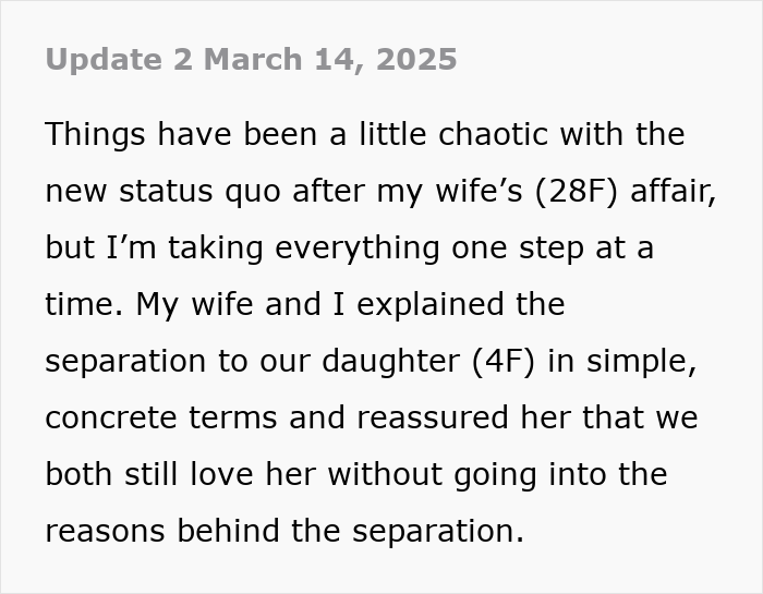 Husband discusses wife's affair, updates on family changes post-retreat, and reassures their daughter about separation.