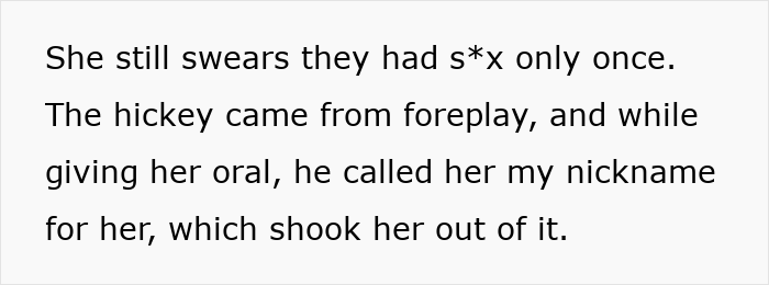 Text image about husband questioning wife's explanation of hickey as bug bite after work retreat.