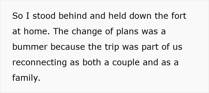 Text discussing change of plans affecting couple's reconnection during a family trip.
