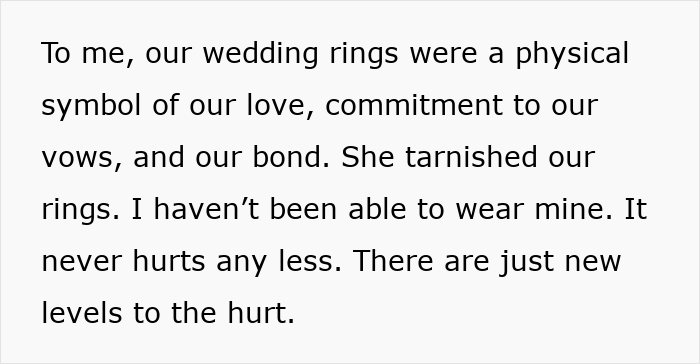 Text sentiment on wedding rings, love, and commitment; expressing feelings of betrayal and hurt.